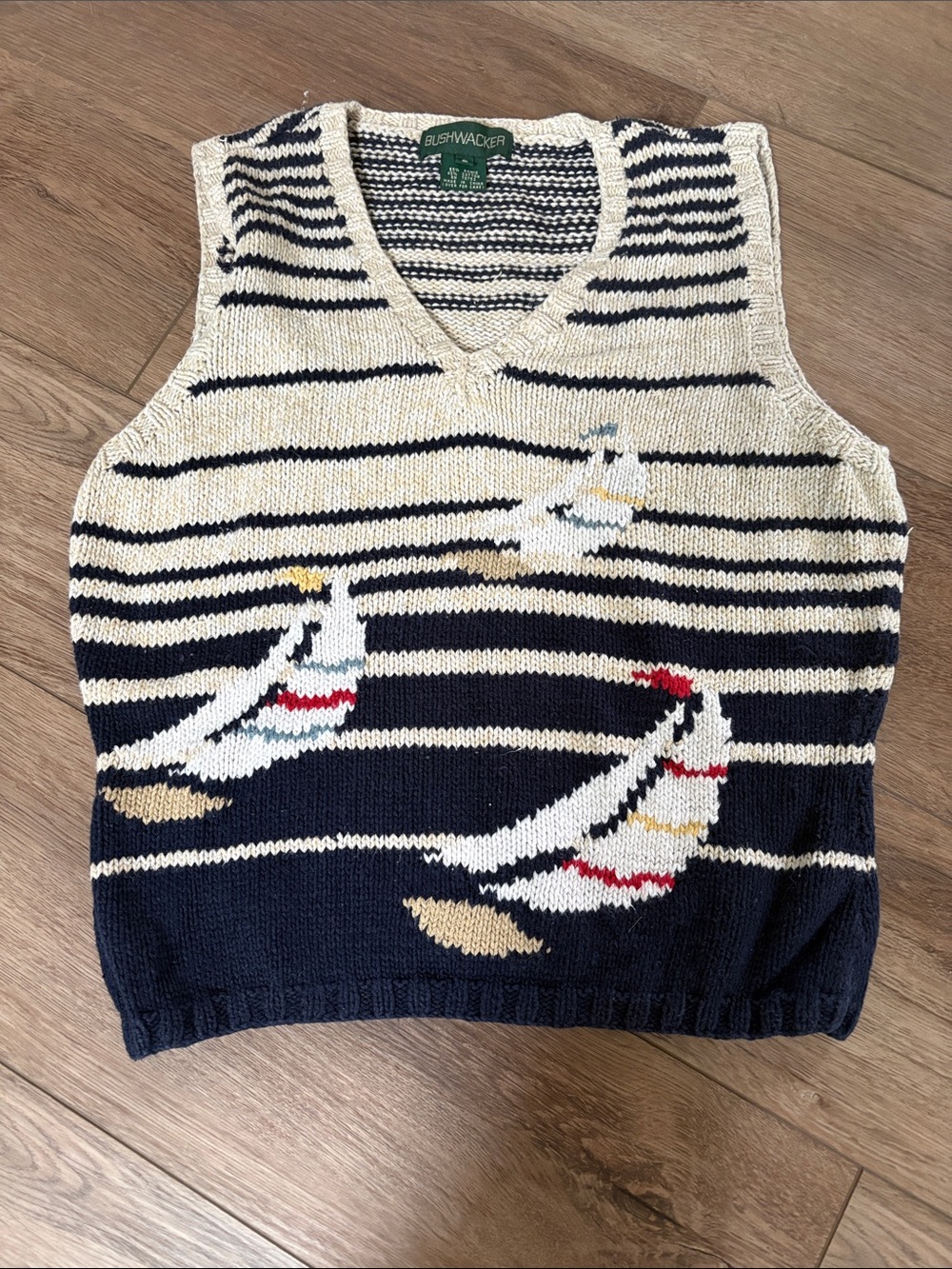 Adorable Navy & Cream Striped Sailboat Knit Vest Ramie Cotton Vintage Nautical